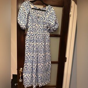 George Blue and White damask print Puff Sleeve Sundress
